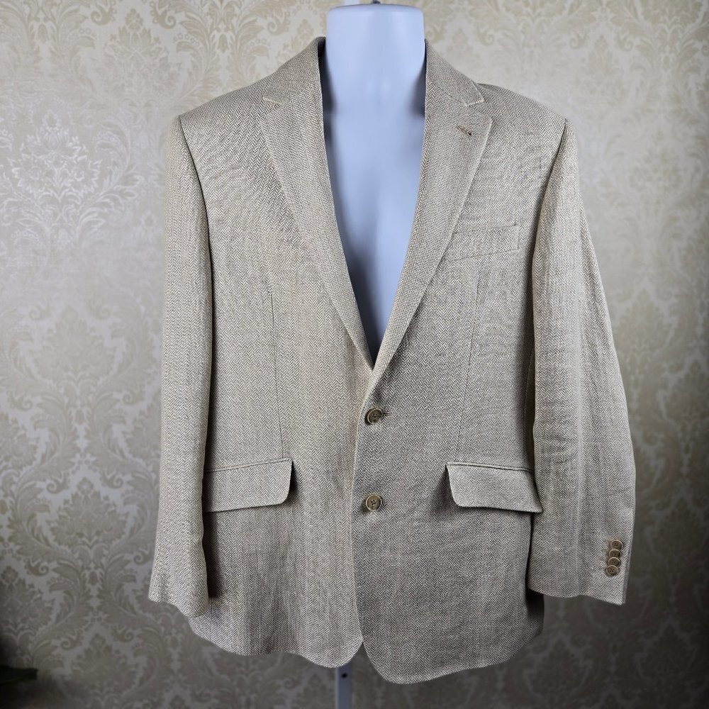 Joseph Abboud Sz 40 Regular 100% Linen Cream Colored Blazer 2 Button Herringbone